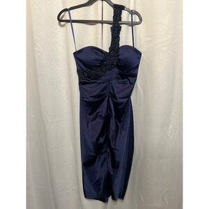 Cache One-Shoulder Navy Blue Ruched Satin Dress With Embellished Strap SIZE 8